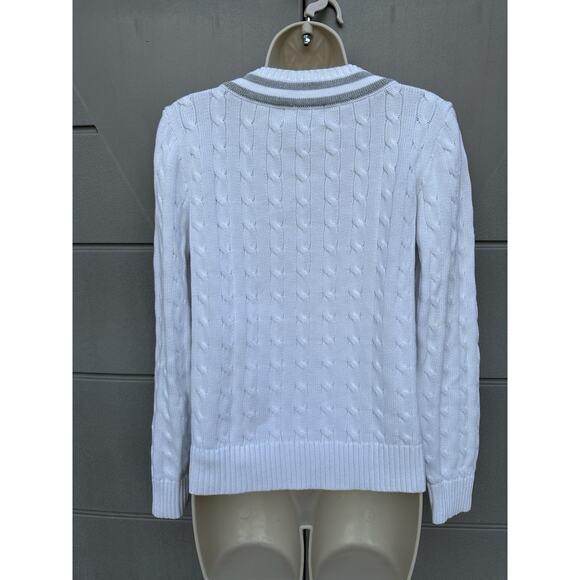 Ralph Lauren L-RL Women’s Cable Knit Sweater White Cotton V Neck Preppy Tennis L - Picture 6 of 10